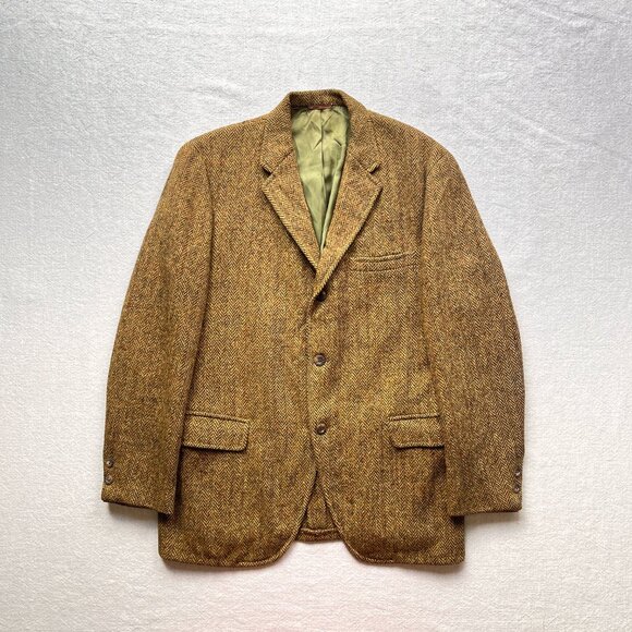 Vintage 50's Harris Tweed Scottish Wool Yellow & Brown Blazer Jacket Size 42R - Picture 1 of 7